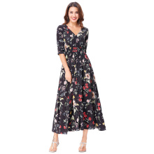 Kate Kasin Sexy Women's Floral Pattern Half Sleeve V-Neck Button Placket Split Maxi Dress KK000652-1